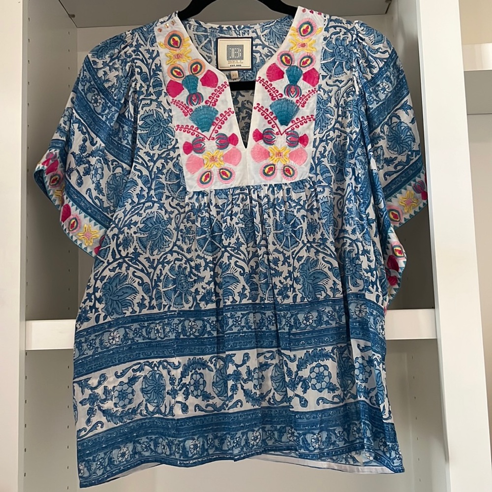 Bell by Alicia Bell Blue Blouse with Pink and Gold Embroidery. Size XS.